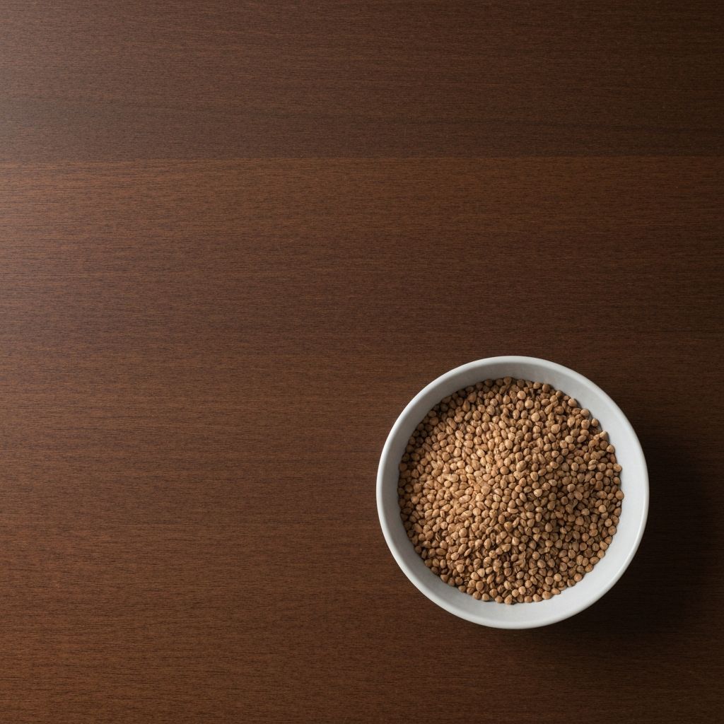 Buckwheat grains in a ceramic bowl on wooden surface