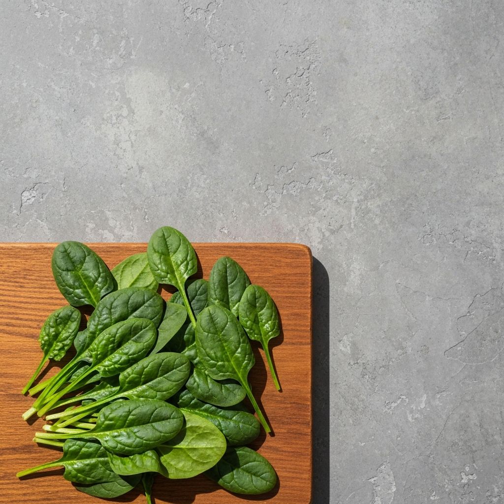 Fresh organic spinach leaves arranged on wooden surface